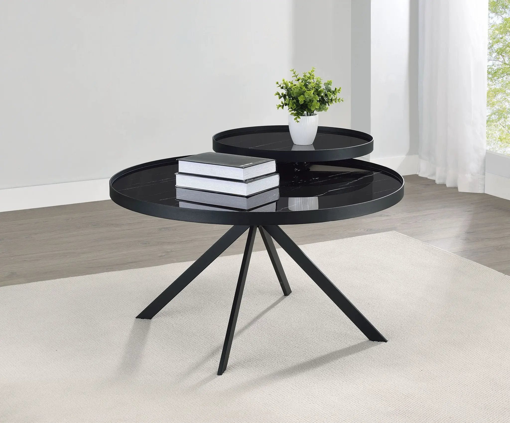 Briggs Round Marble Printed Glass Top Coffee Table Black by Unique Piece Furniture