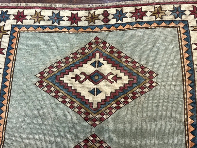 Turkish Kazak Rug 4x6, Geometric Medallion, Caucasian Design Rug, Semi Antique Vintage, Mint Green Maroon Ivory by Jewel Rugs