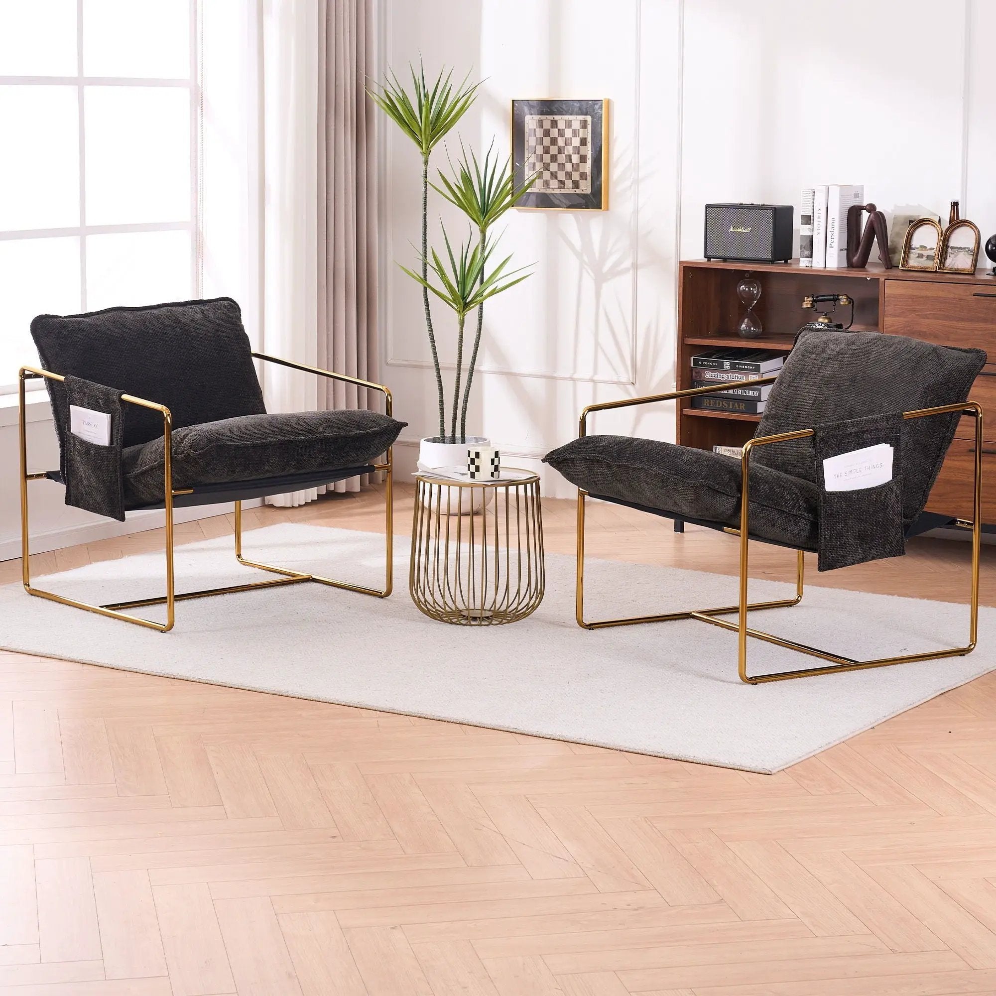 Upholstered Hanging Armchair With Arm Pocketsmetal Frame (Set of 2), Plated Craftsmanship, Crushed Foam Cushions And Skin-Friendly Woven Fabric For Living Room And Bedroom by HouseOfZazla