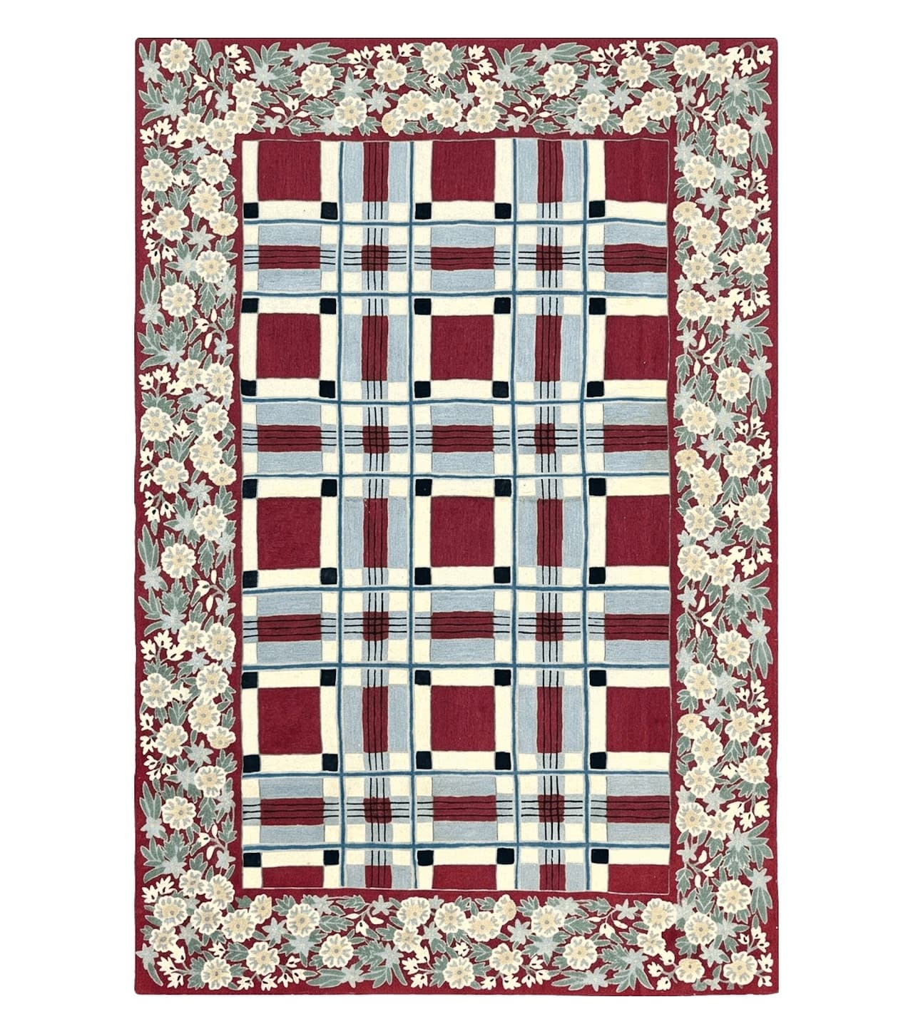 Indian Hand Stitched Rug 4x6, Vintage Carpet, Checkerboard Floral Pattern, Maroon Ivory, Flatweave, Wool by Jewel Rugs