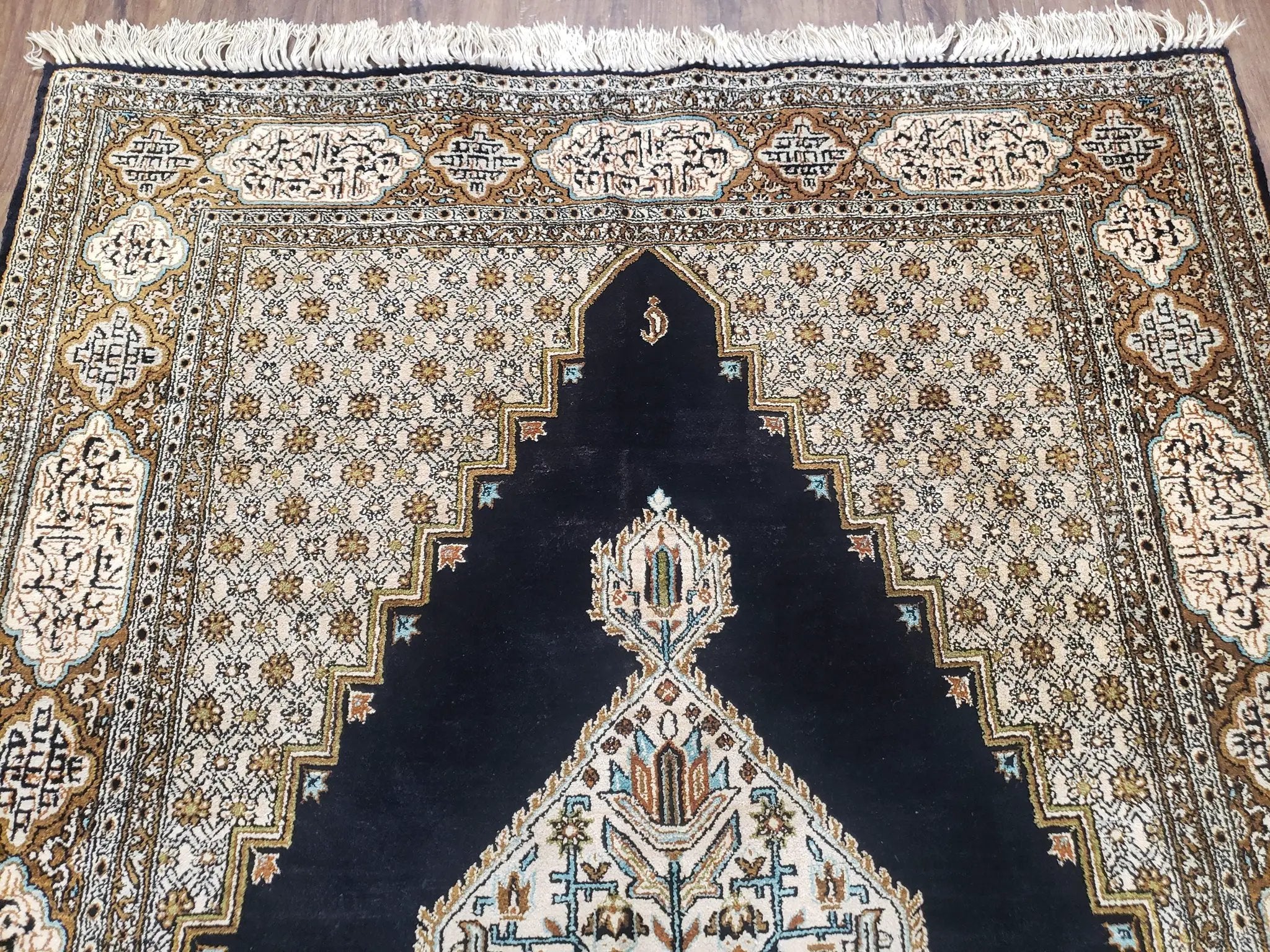 Persian Silk Qum Rug, Silk on Silk, Black Golden Brown and Beige, Hand-Knotted, 3'6" x 5' 5" by Jewel Rugs