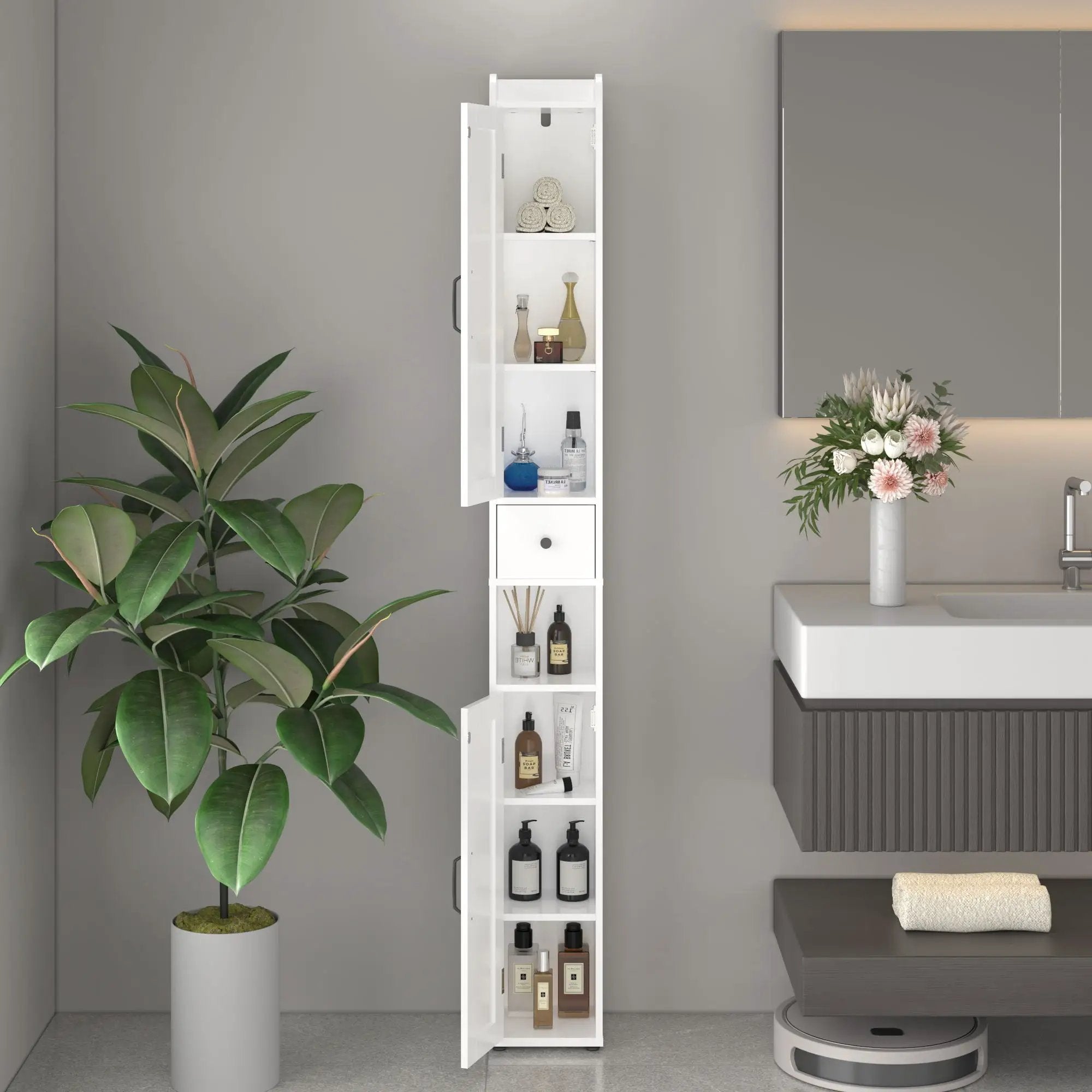 Slim Tall Bathroom Storage Cabinet With Adjustable Shelves, 2 Doors Freestanding Cabinet - White by HouseOfZazla