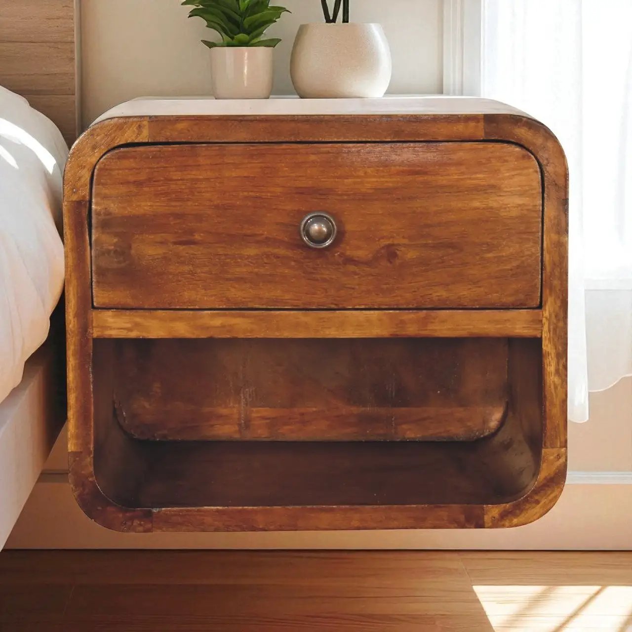 Solid Wood Mini Curve Floating Nightstand, 1-Drawer, 1 Open Slot, Chestnut by HouseOfZazla