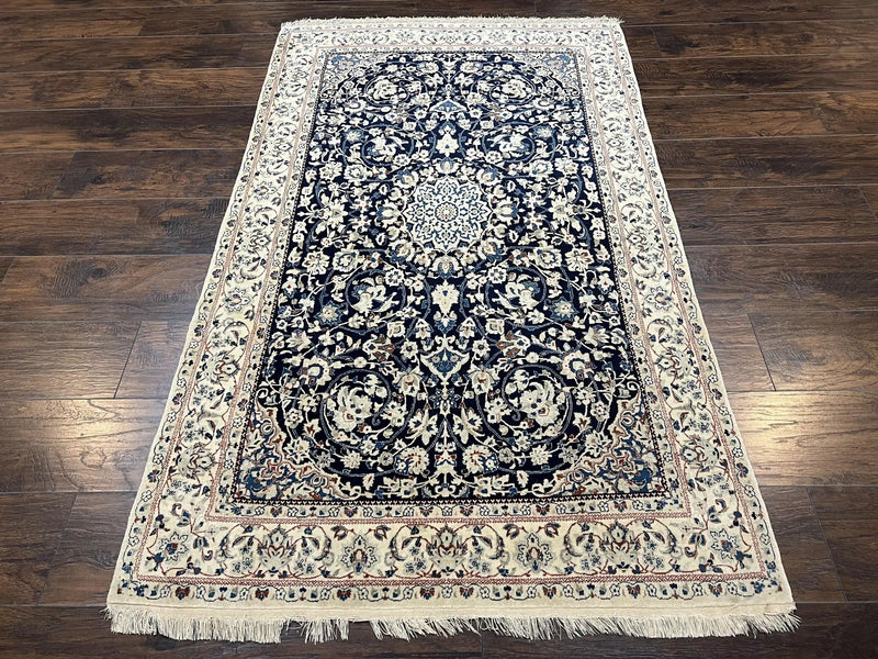Very Fine Persian Nain Rug 3.7 x 6, Floral Medallion, Wool and Silk Accents, Highly Detailed, Hand Knotted Oriental Carpet, Navy Blue Ivory/Cream by Jewel Rugs