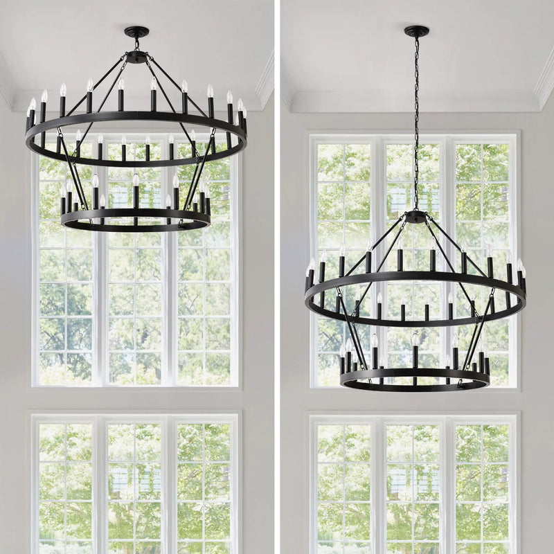 2 Tiers Wagon Wheel Chandelier Wooden Farmhouse 36 Light (24 / 12) Or (12 / 24) Metal Chandeliers 2 Story Light Fixtures Industrial For High Ceiling Living Dining Room Foyer, Adjustable Height - Black by HouseOfZazla