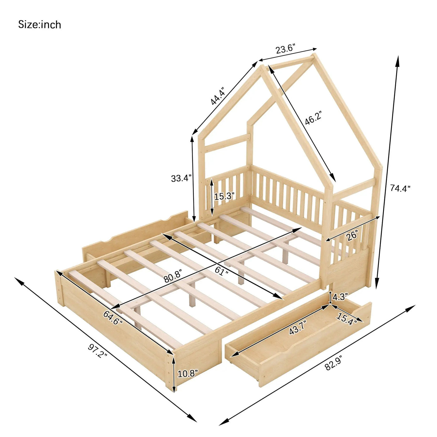 House Style Platform Bed With Guardrail And 2 Drawers by HouseOfZazla