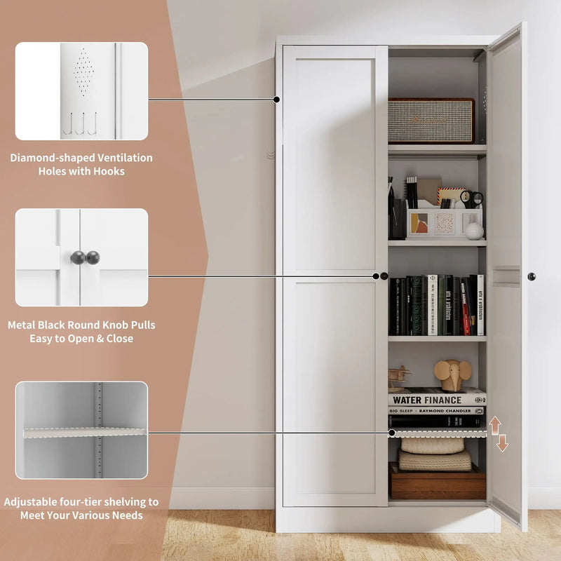 Metal Kitchen Pantry Cabinet With Adjustable Storage And 4 Heavy Duty Shelves - White by HouseOfZazla
