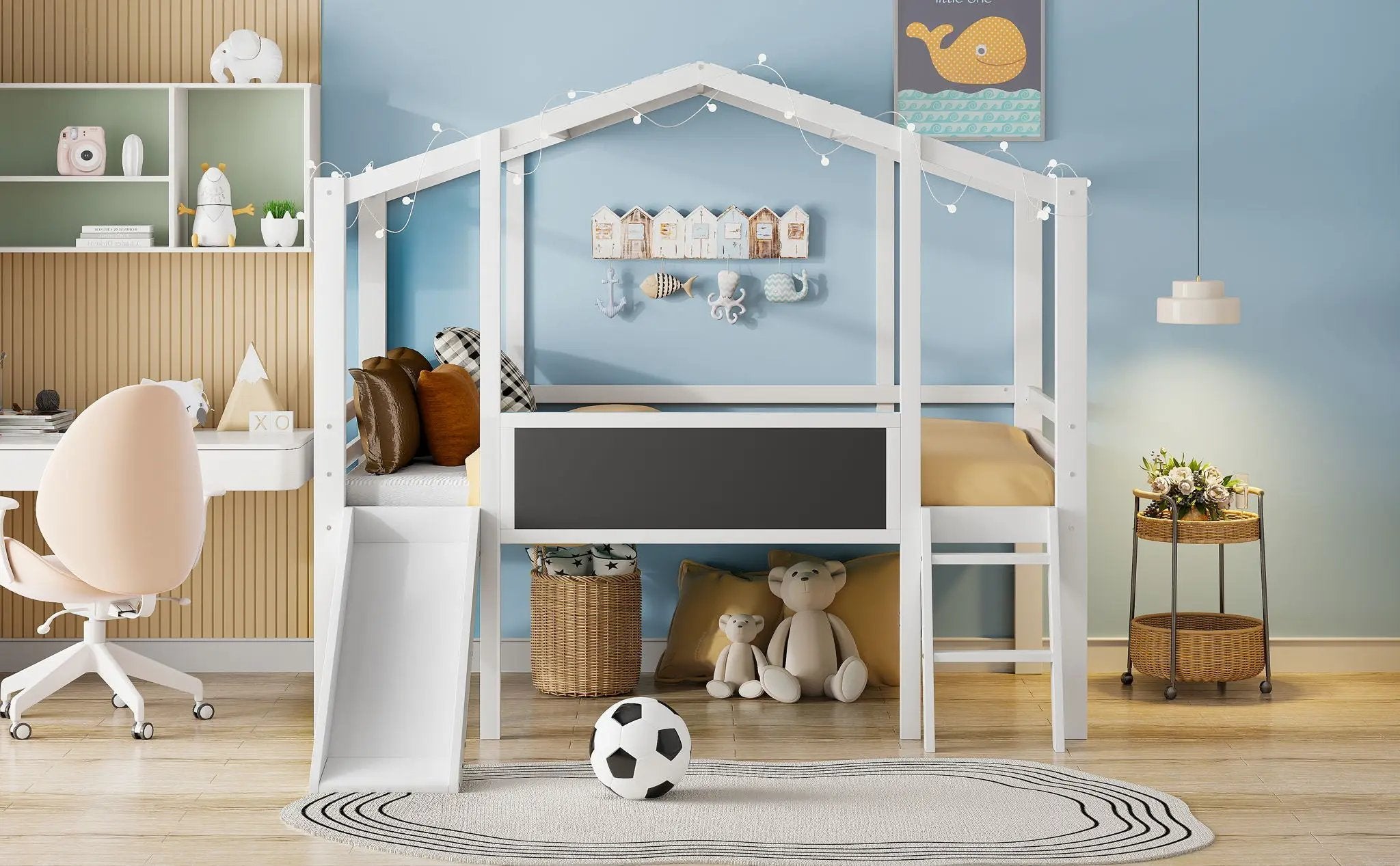 Loft House Bed With Ladder And Slide, With board And Light Strip On The Roof by HouseOfZazla