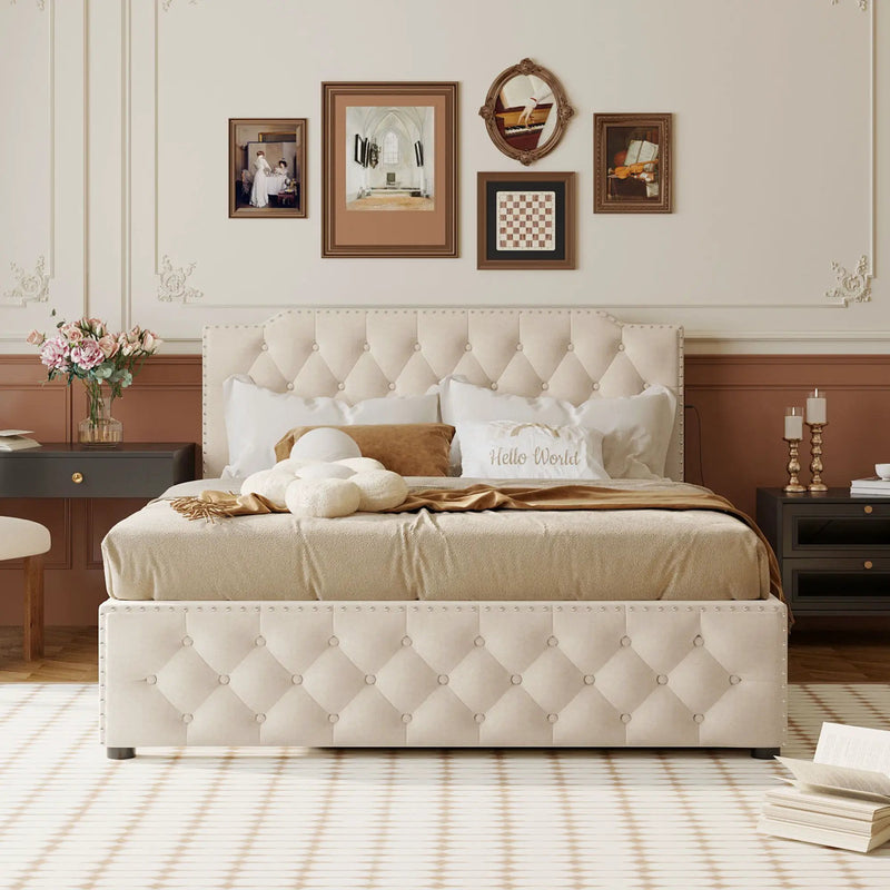 Upholstered Platform Bed With Trundle And 2 Sets Of USB Ports On Each Side, Fabric by HouseOfZazla