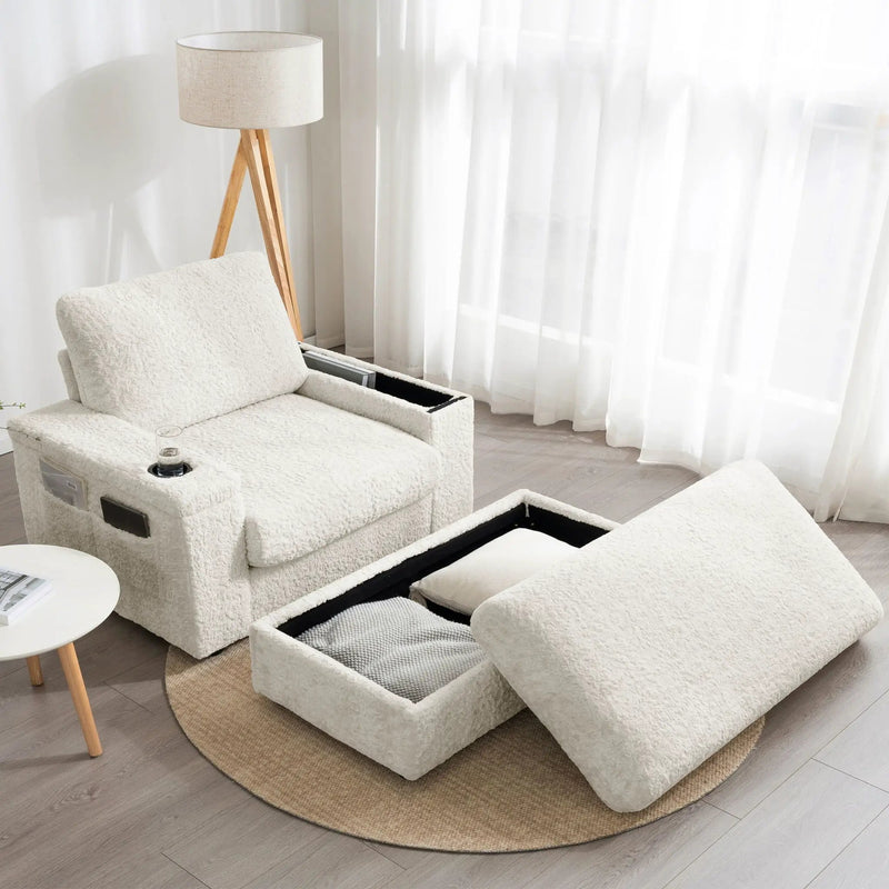Oversized Chaise Lounge Indoor Rabbit Fur Sofa Bed With Storage Ottoman And Armrests Cup Holders With Deep Seat by HouseOfZazla