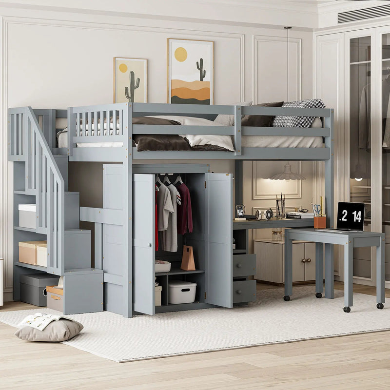 Loft Bed With Stairs, Bookshelf, Drawers, Desk & Wardrobe, Space Saving Multifunctional Furniture by HouseOfZazla