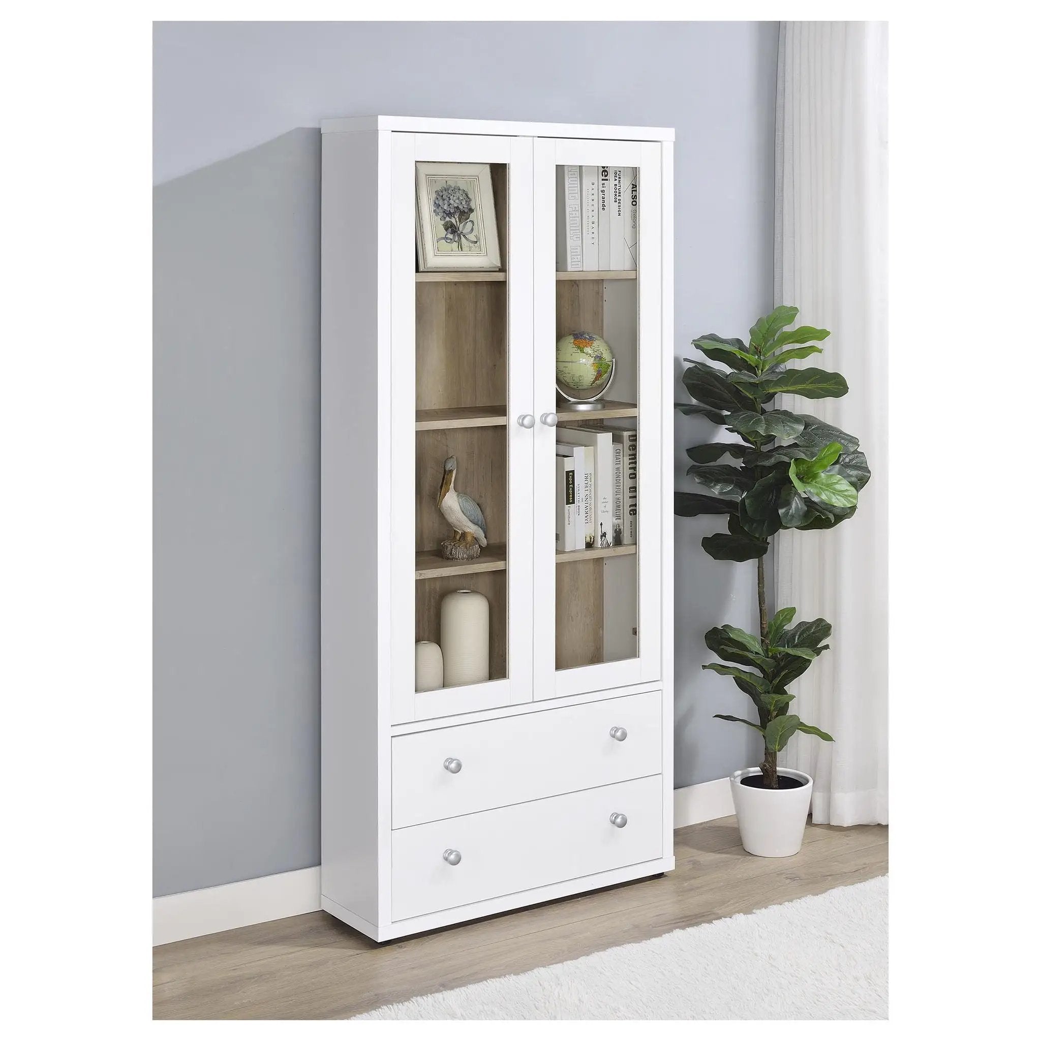 Hawthorne 4-shelf Glass Door Tall Cabinet with Drawers White by Unique Piece Furniture