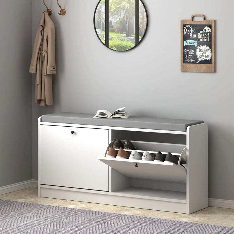 Shoe Storage Bench With Cushion, Entryway Organizer Cabinet For Hallway - White by Unique Piece Furniture