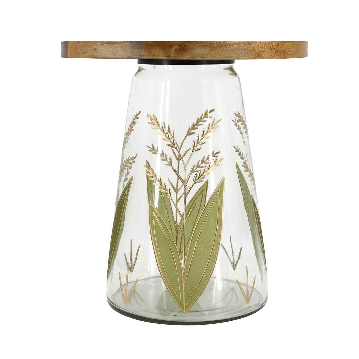 Round Glass Side Table with Hand-Painted Glass Base and Wood Top, photo 3 of 9
