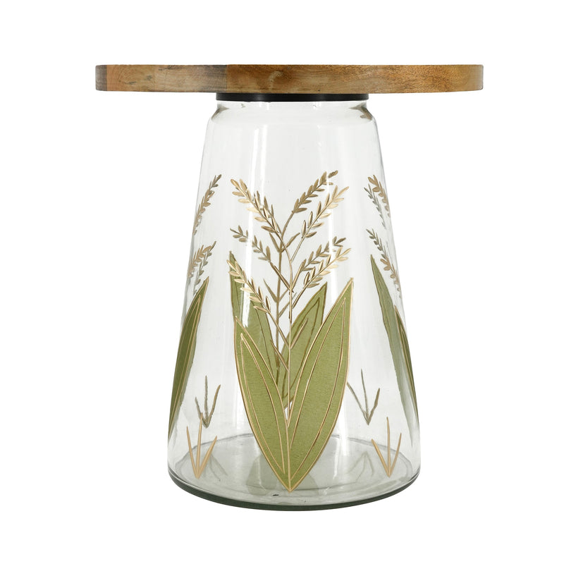 Round Glass Side Table with Hand-Painted Glass Base and Wood Top, photo 3 of 9