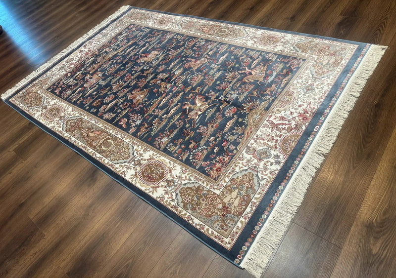 Turkish Silk Rug 5x8, Hunting Design, Animal Pictorials, Steel Blue & Ivory, Bamboo Silk by Jewel Rugs