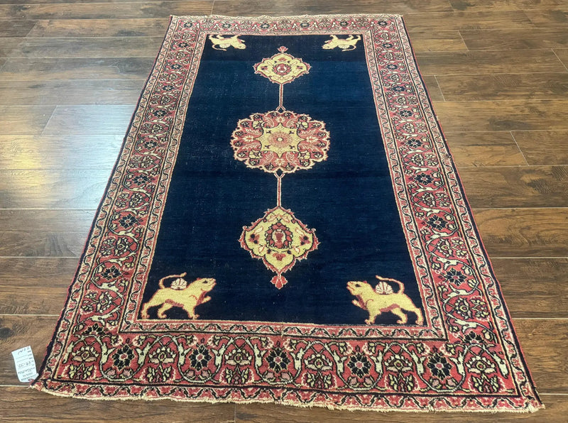 Antique Persian Mashad Rug 4x6, Semi Open Field, Navy Blue, Lion Pictorials, Triple Medallion, Dorokhsh Rug by Jewel Rugs