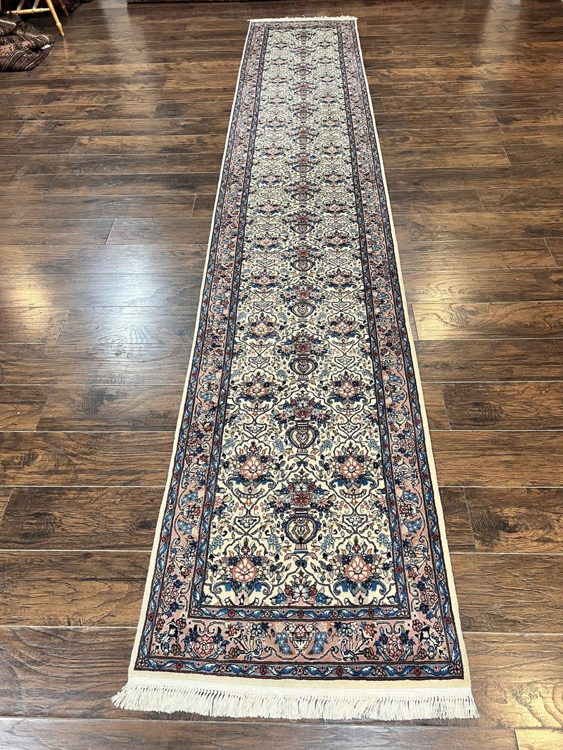 Sino Persian Runner Rug 2.8 x 14, Hand Knotted Vintage Oriental Hallway Rug, 14ft Runner, Cream, Floral, Wool by Jewel Rugs