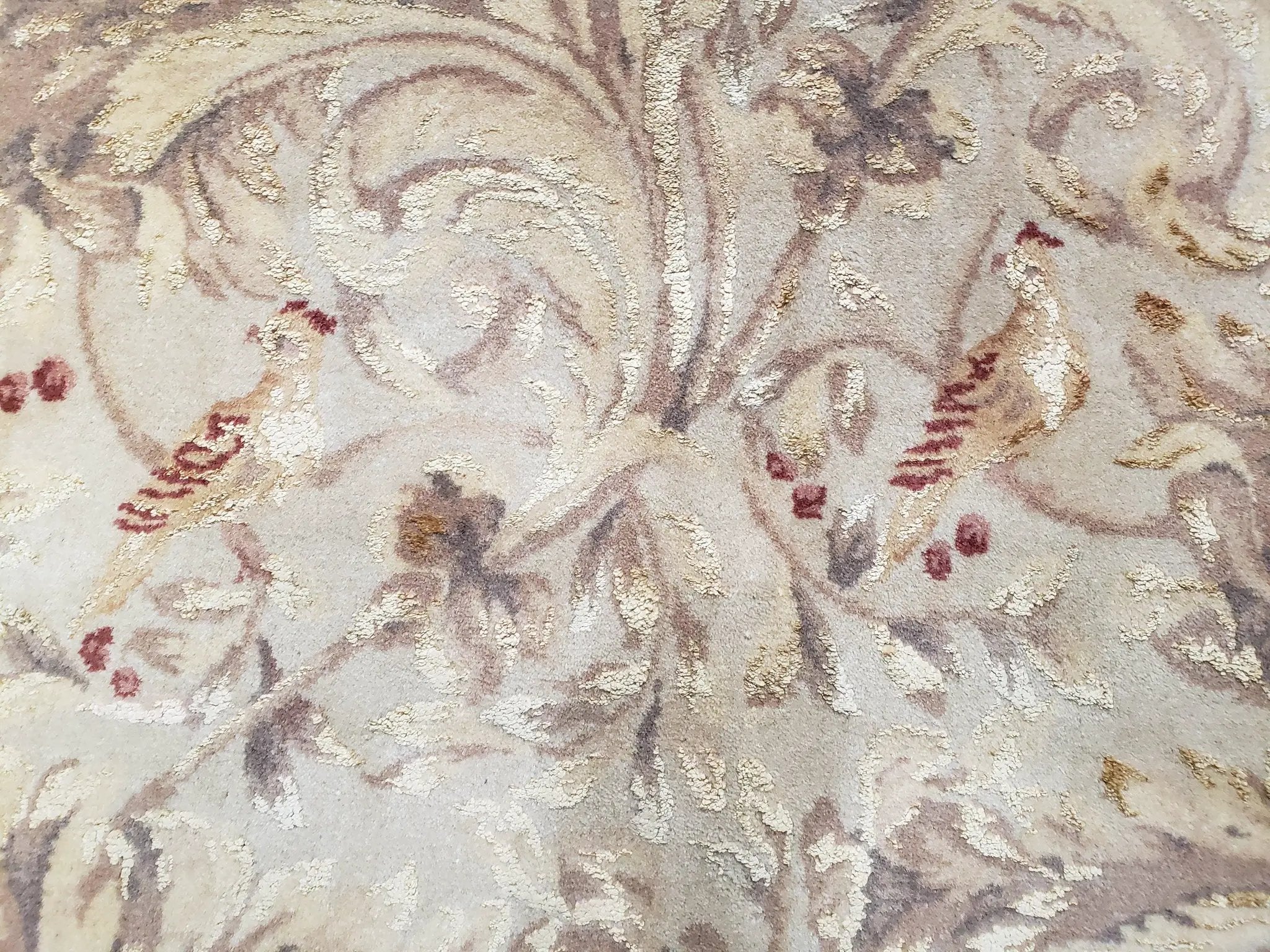 Chinese Aubusson Savonnerie Area Rug 8x12, Vintage 120 Line Carpet, Wool and Silk Hand-Knotted, Birds Flowers Master Weaver Signature by Jewel Rugs
