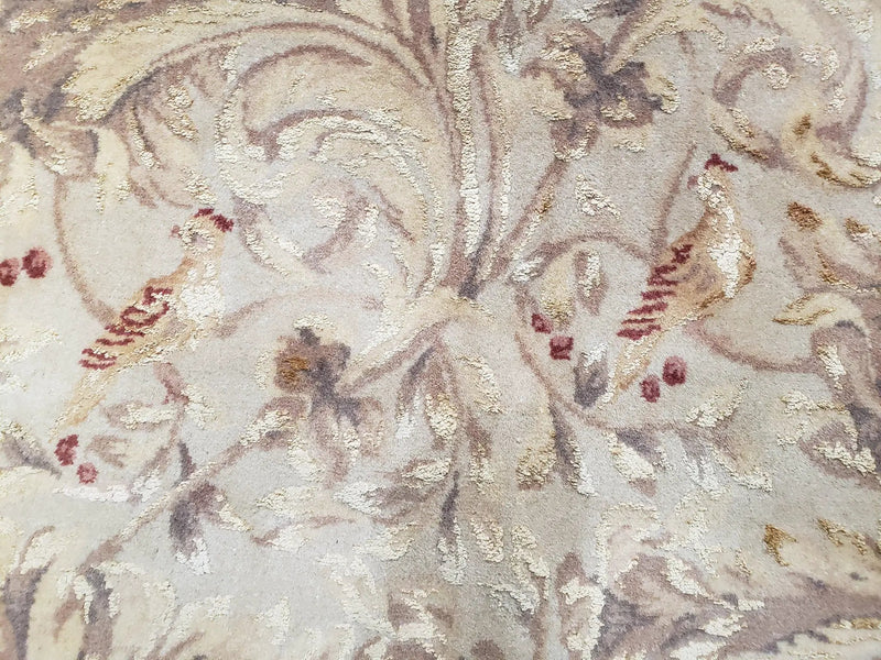 Chinese Aubusson Savonnerie Area Rug 8x12, Vintage 120 Line Carpet, Wool and Silk Hand-Knotted, Birds Flowers Master Weaver Signature by Jewel Rugs
