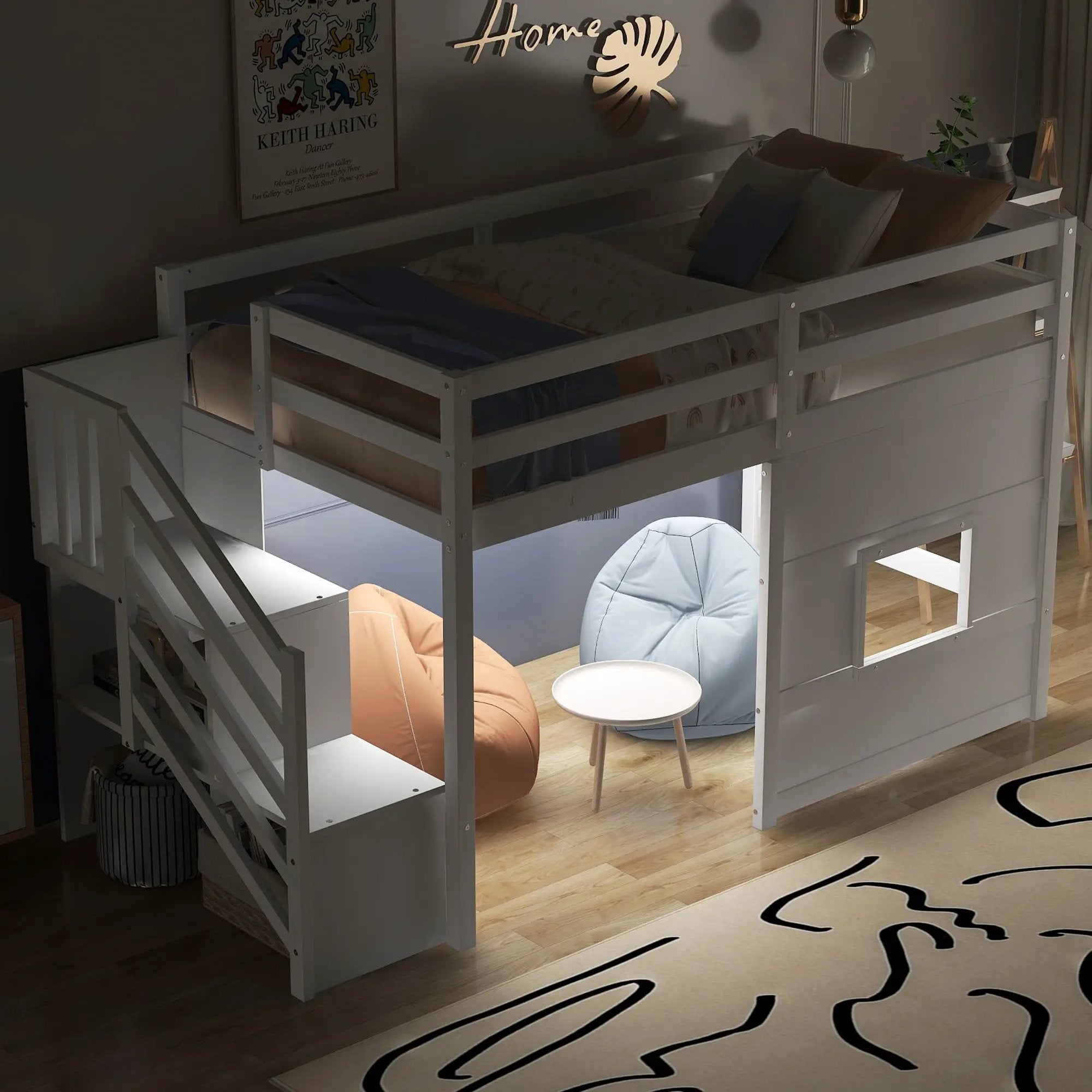 Loft Bed With Storage Staircase, Window & LED Light by Unique Piece Furniture