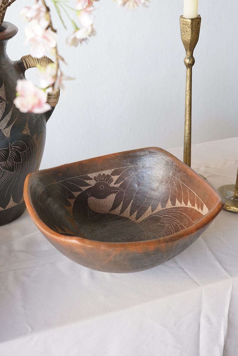 Artisanal Terracotta Decorative Bowl with Hand-Etched Detail - Brown