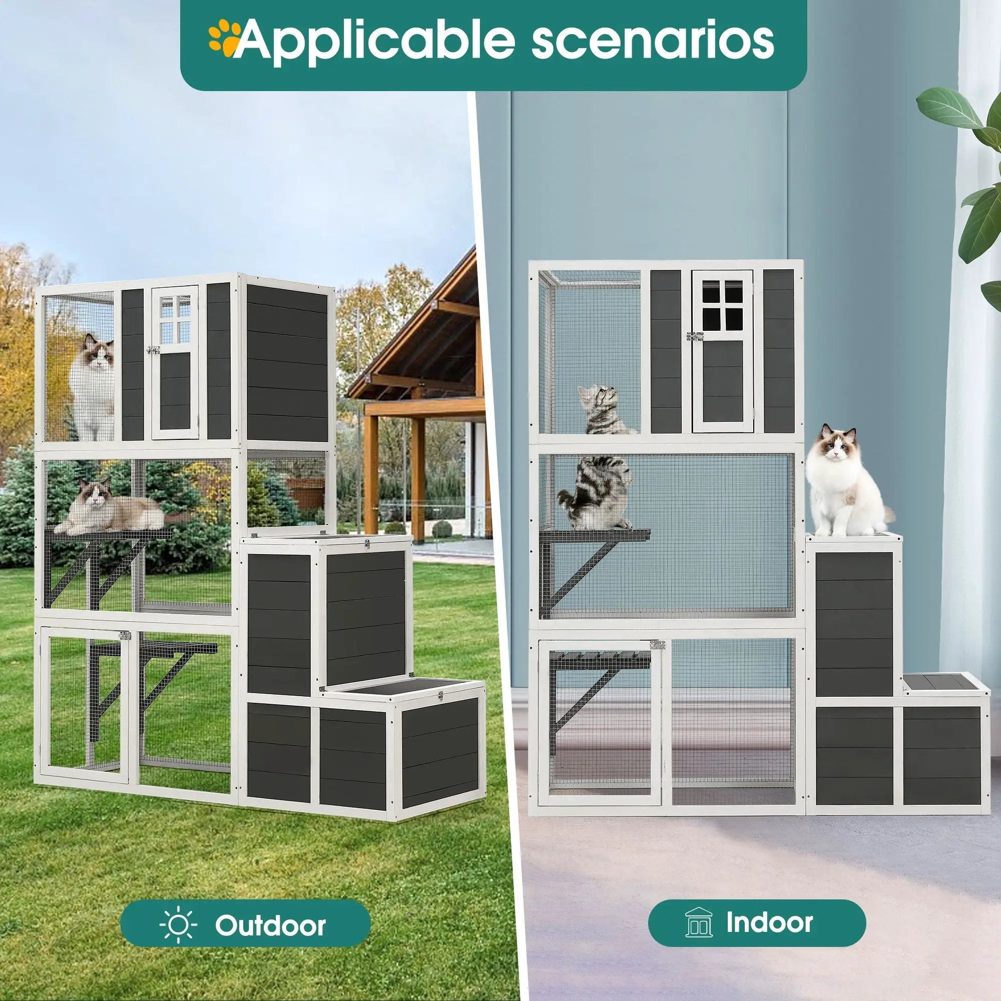 3 Tier Wooden Outdoor & Indoor Cat House Suitable For 1-3 Cats Cat Enclosure Resting Box With 4 Platforms And 2 Doors Cat Shelter Kitty House With A Jump Box For Hiding And Resting Cat Cage - Gray by HouseOfZazla