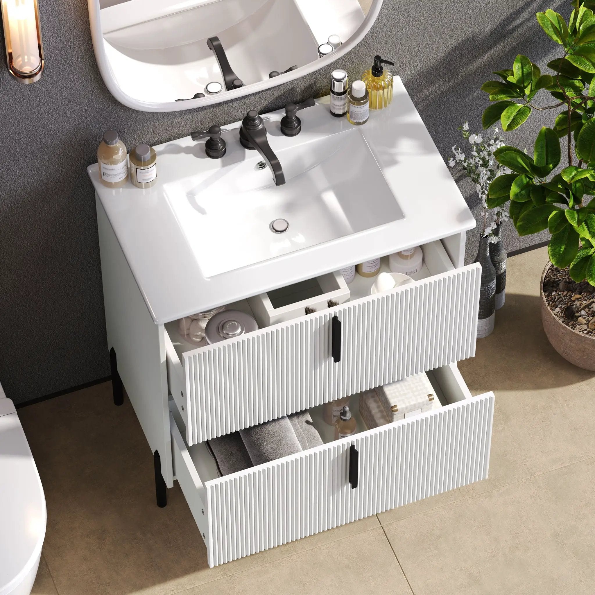 Bathroom Vanity With Ceramic Sink, Fluted Design by HouseOfZazla