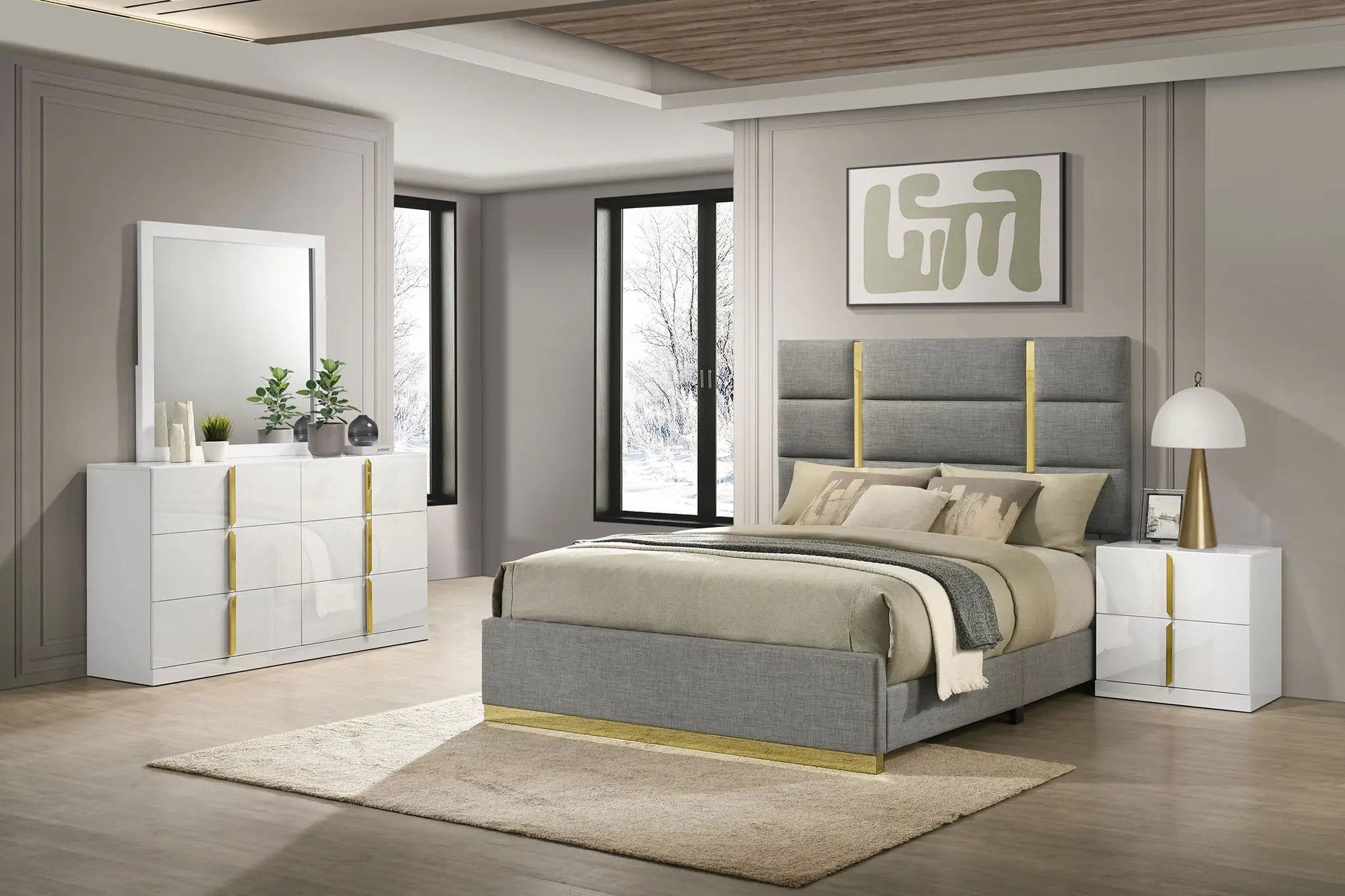 Ines 4-piece Queen Bedroom Set Grey and White High Gloss by Unique Piece Furniture