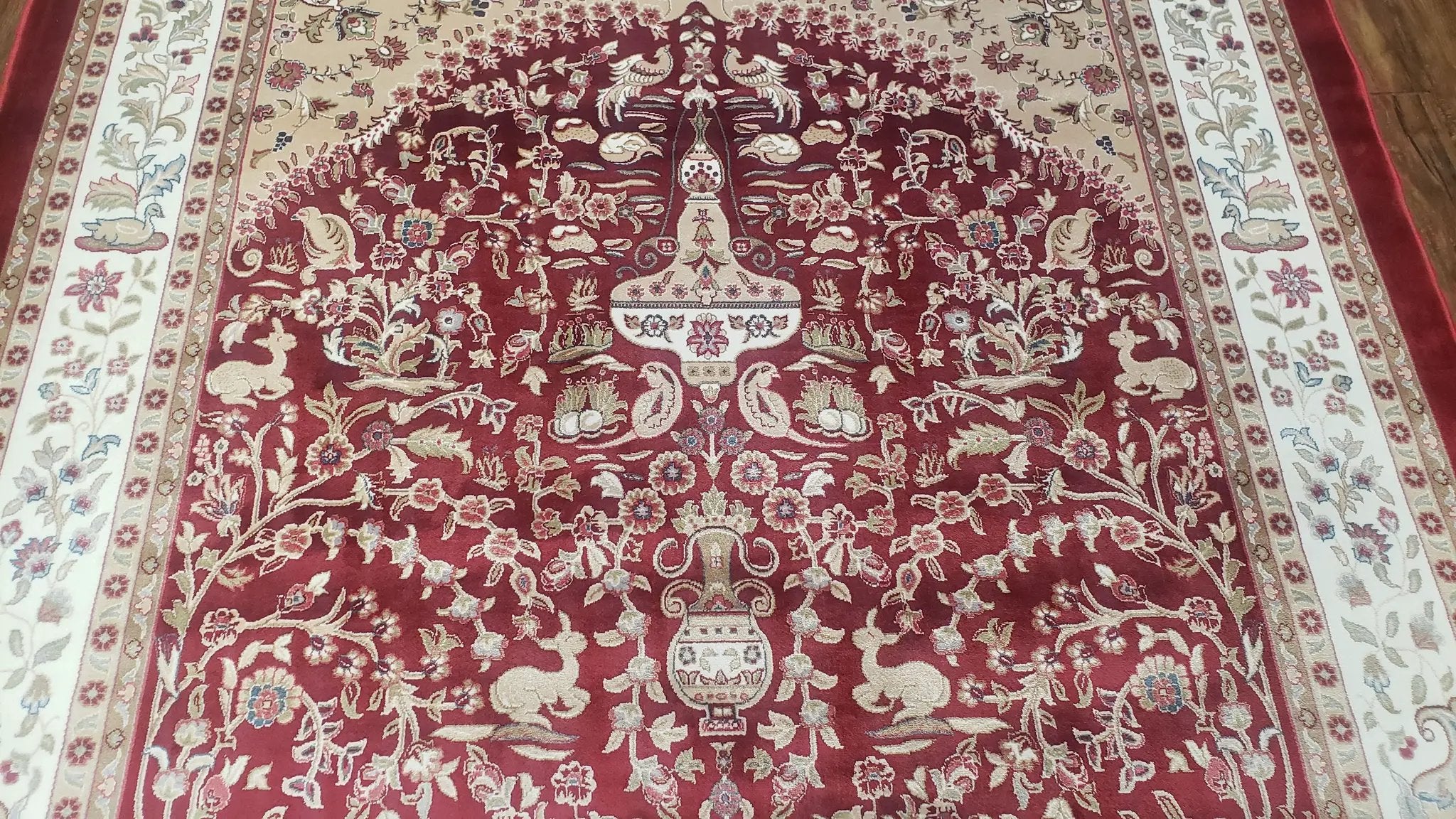 Silk Carpet 4x6 Dark Red & Cream, Tree of Life Rug, Animal Motifs, Birds Deer Rabbits, All Bamboo Silk, 4 x 6 Silk Area Rug by Jewel Rugs