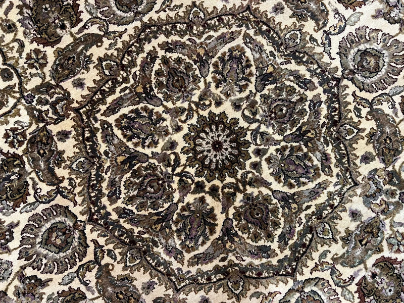 Round Indo Persian Rug 8x8 ft, Large Hand Knotted Vintage Wool Circular Carpet, 8ft Round Oriental Rug, Floral Medallion, Cream and Green by Jewel Rugs