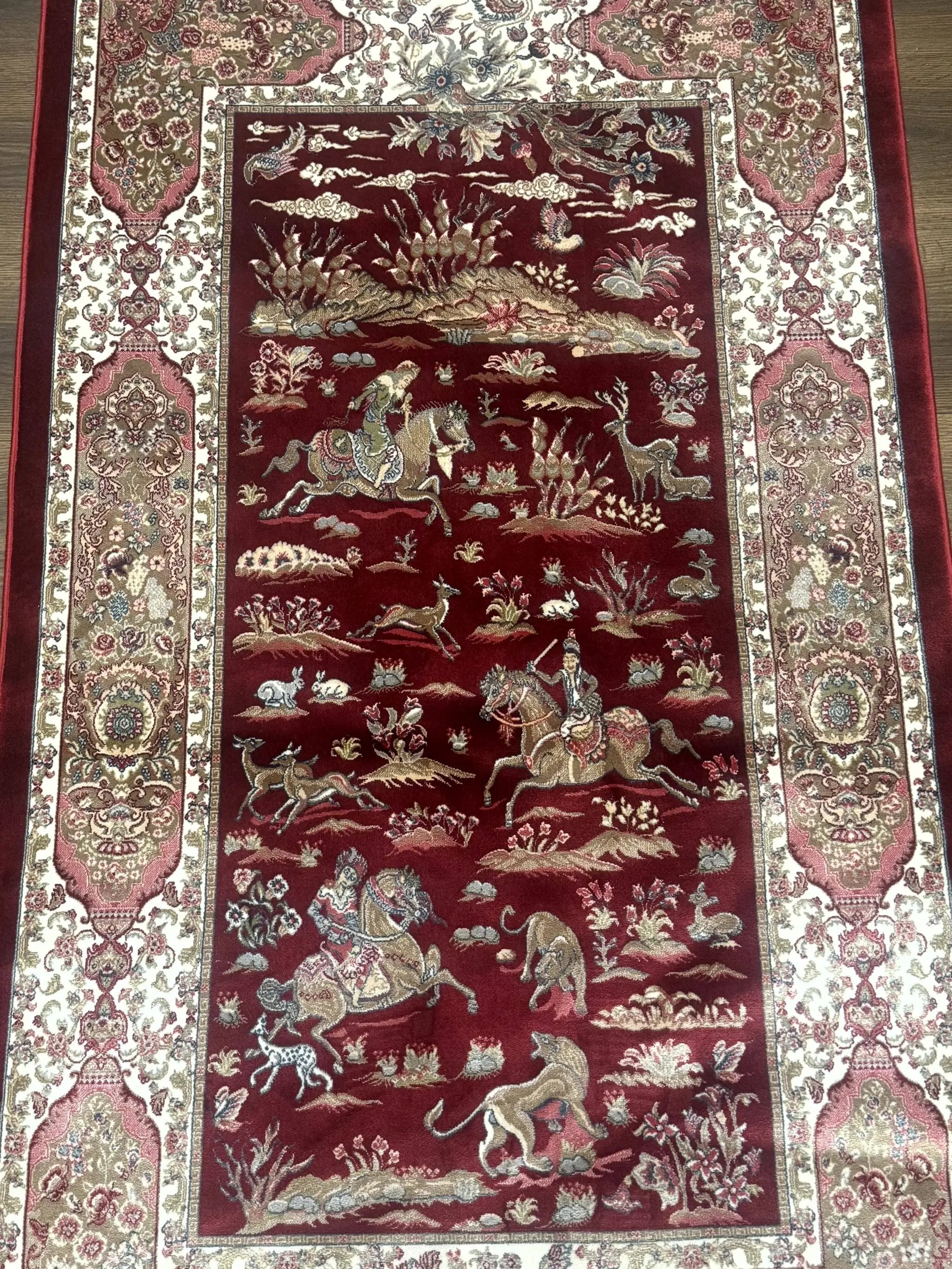 Turkish Silk Rug 3x5, Hunting Design, Dark Red & Ivory, Bamboo Silk, New by Jewel Rugs