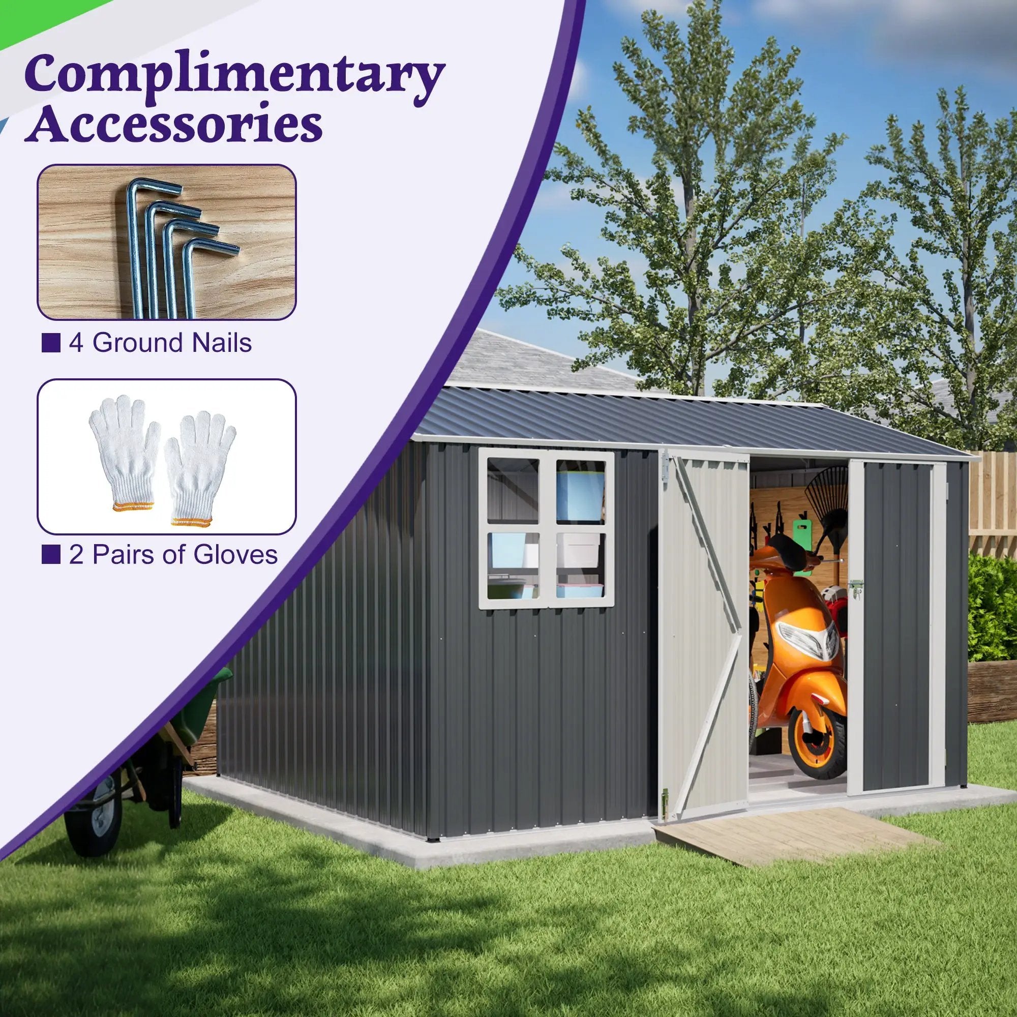 10X8FT Outdoor Steel Storage Shed with Clear Window, Lockable Doors by HouseOfZazla