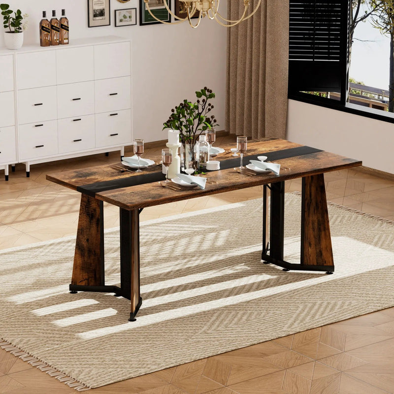 Rustic Rectangular Large Dining Table, Waterproof Desk For 8 People, & Steel With Adjustable Legs - Black / Rustic Brown by HouseOfZazla