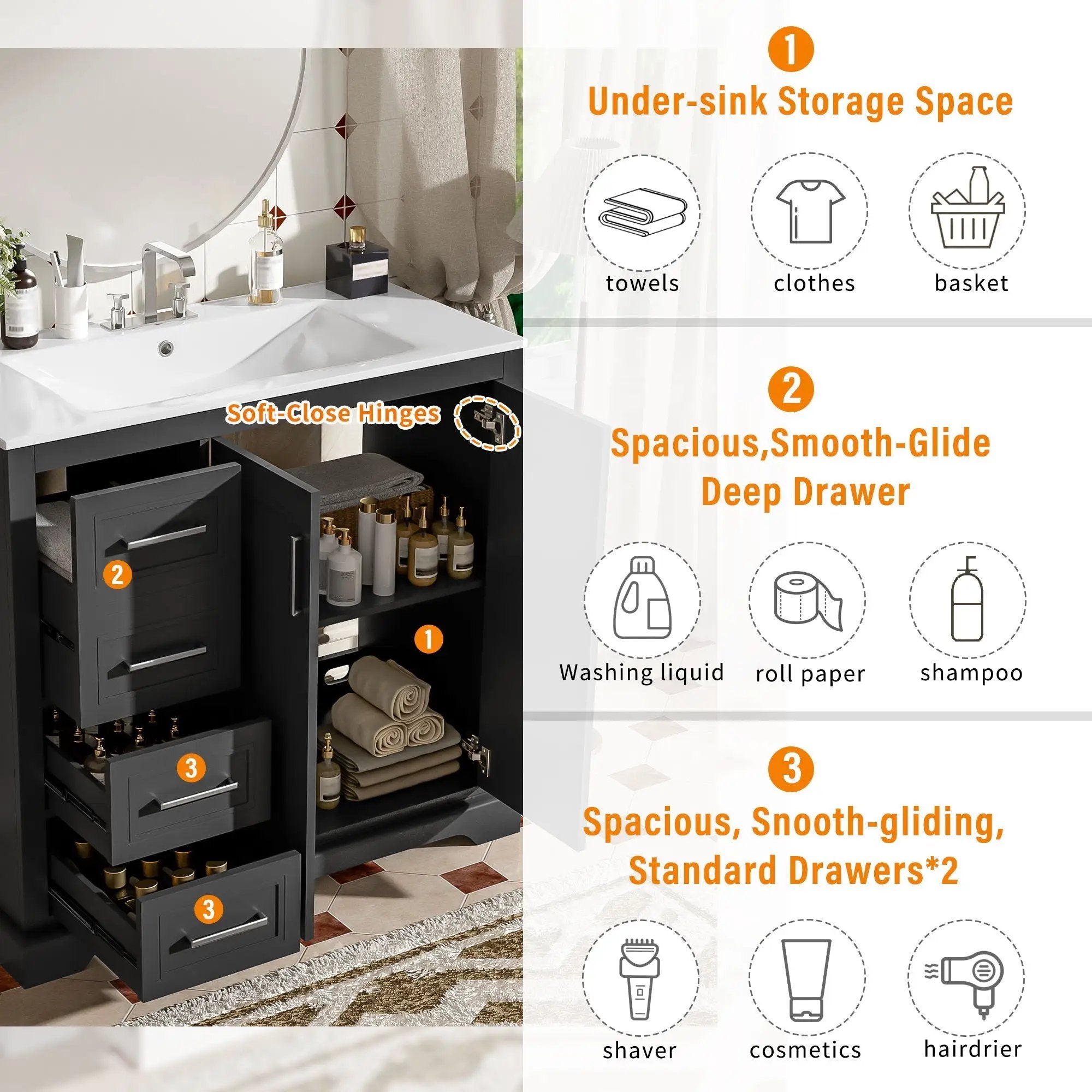 Bathroom Vanity With Sink, Soft Close Doors, Adjustable Shelf & 3 Drawers by HouseOfZazla