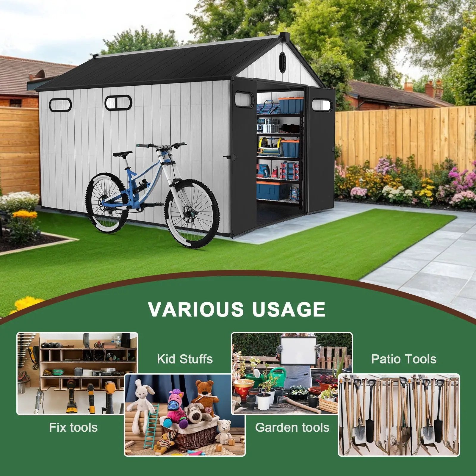 8 Ft. W X 12 Ft. D Plastic Storage Shed With Floor - Black / Gray by HouseOfZazla