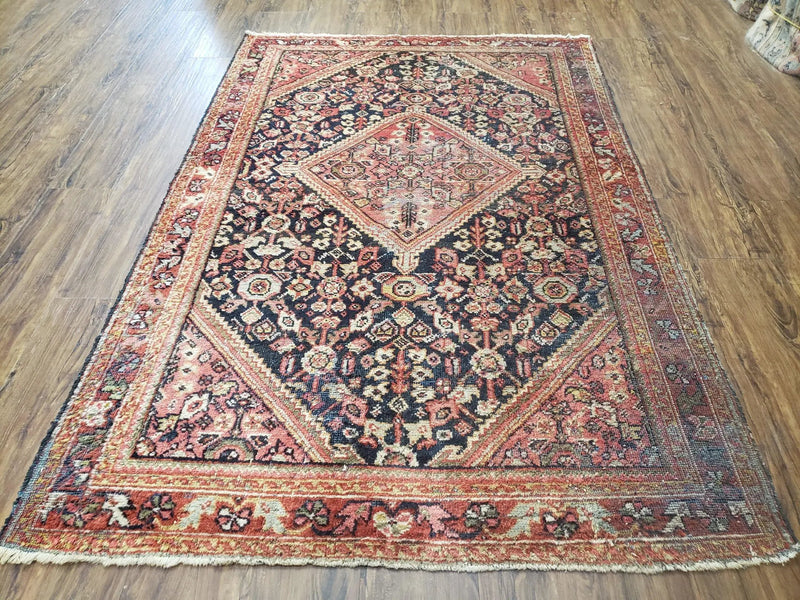 Antique Persian Mahal Area Rug 4.4 x 6.6, Wool Hand-Knotted Shabby Chic Oriental Rug, Red Black 1930s Foyer Room Carpet, Low Pile Boho Rug by Jewel Rugs