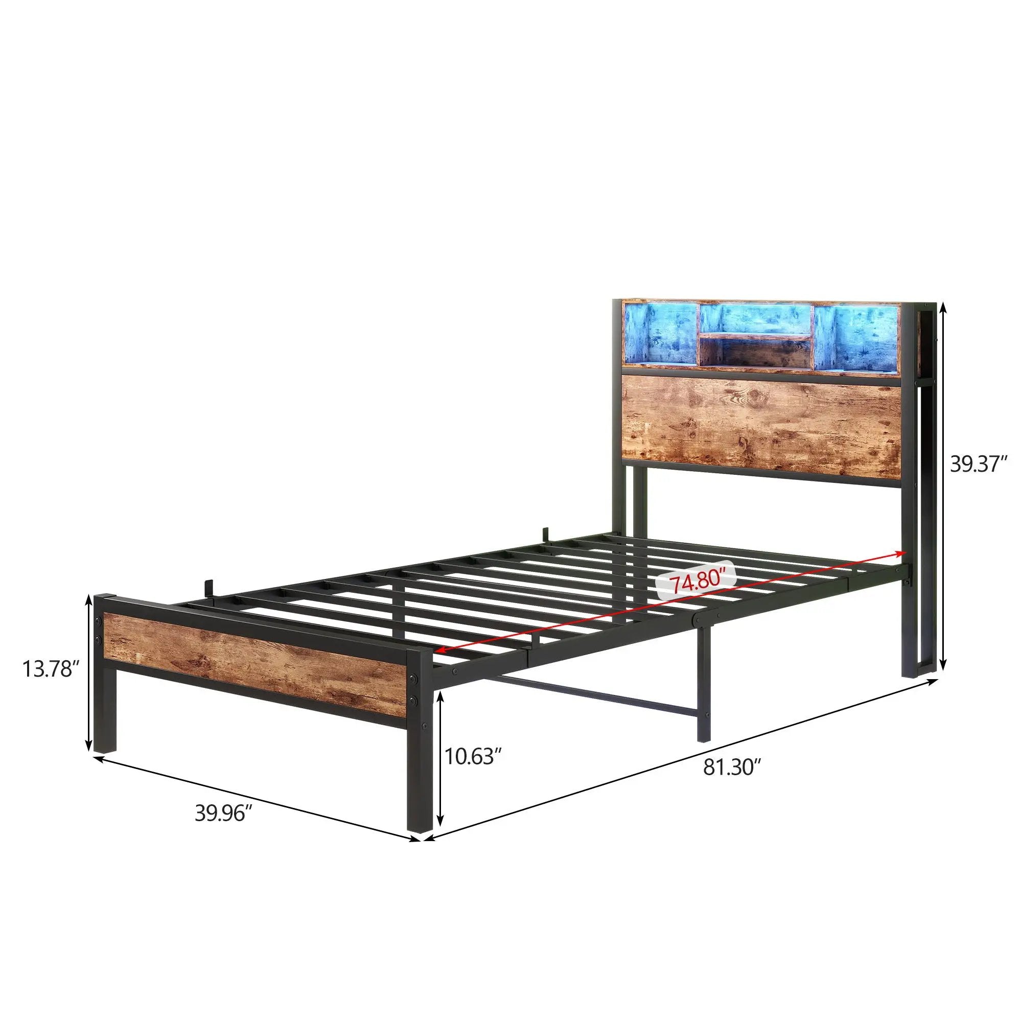 Modern Twin Size Metal Platform Bed Frame With Storage Headboard And Charging Station - Brown by HouseOfZazla