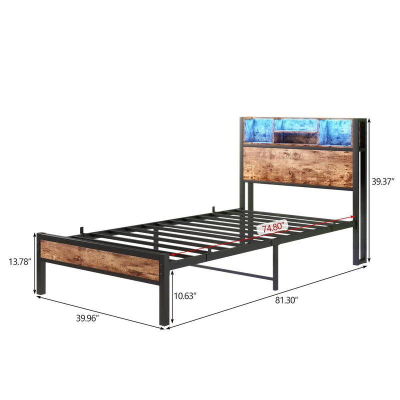 Modern Twin Size Metal Platform Bed Frame With Storage Headboard And Charging Station - Brown by HouseOfZazla