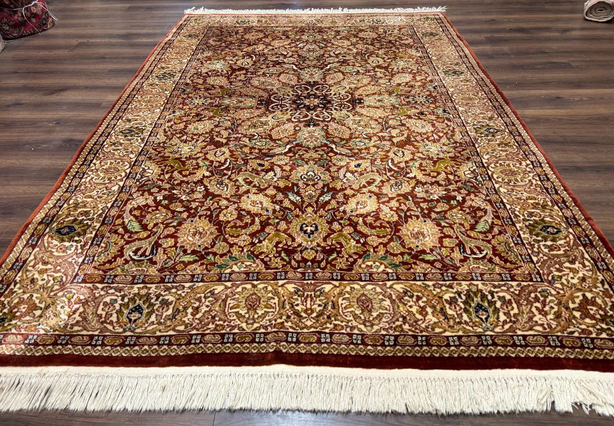 Tree of Life Indian Kashmiri Rug 6x9, Rust Red and Cream, Animal Pictorials, Fine 290 KPSI by Jewel Rugs