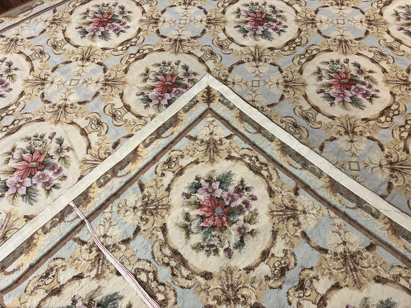 Chinese Needlepoint Rug 8x11, Handmade Wool Needlepoint Carpet, Vintage, Sky Blue by Jewel Rugs