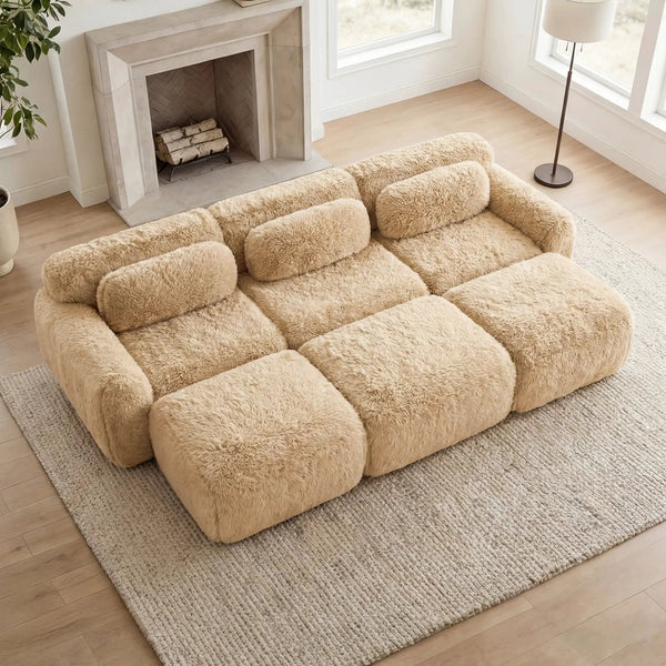 3-Seater Soft Plush Fabric Sofa With Movable Ottoman, photo 2 of 10