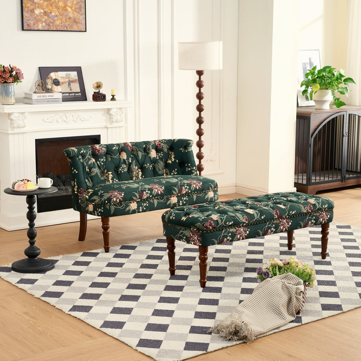 Floral Tufted Sofa Chair with Solid Wood Legs - Wine Red, Green, or Tiffany Blue, photo 2 of 10