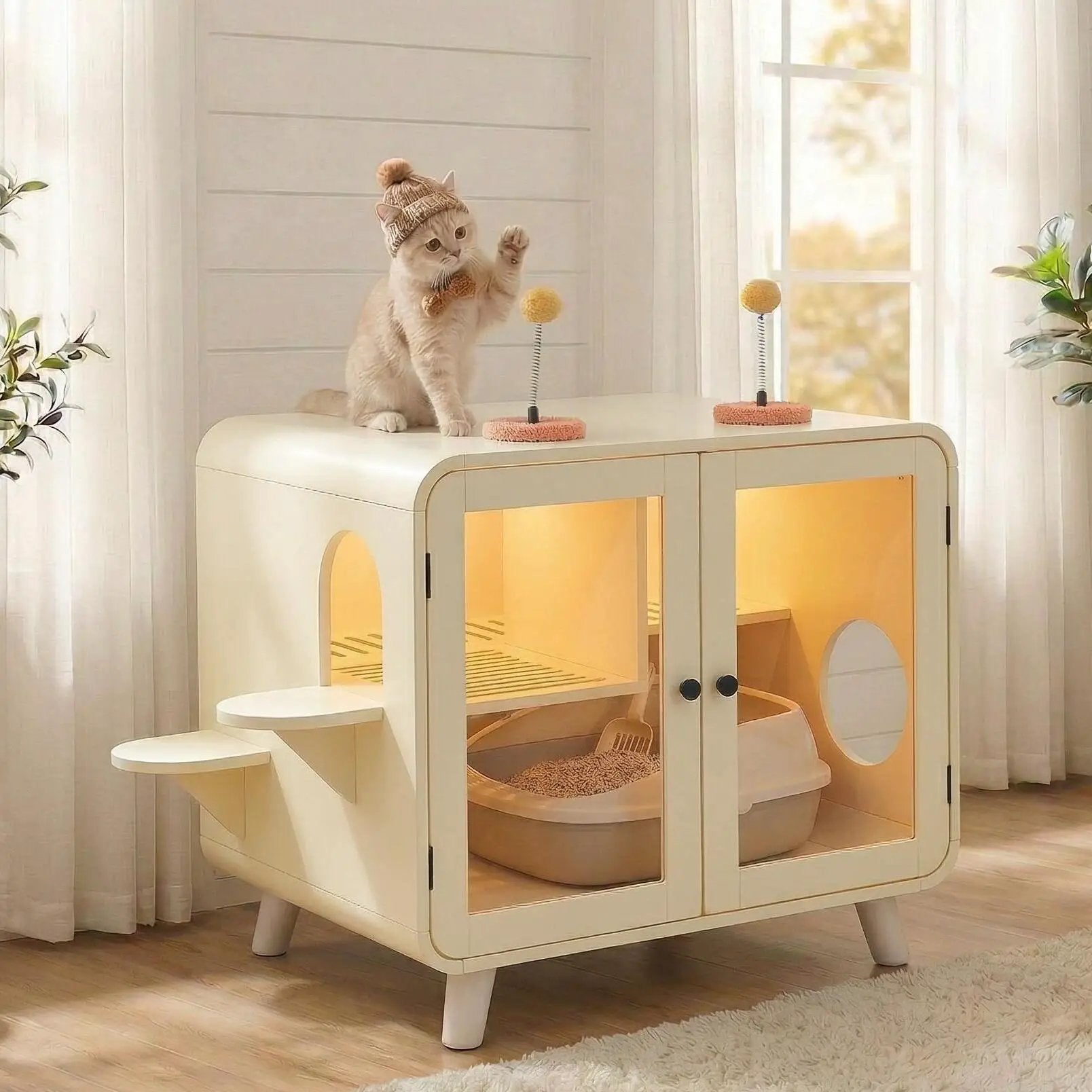 Cat Hidden Litter Box Enclosure with RGB LED Light and Glass Doors by HouseOfZazla
