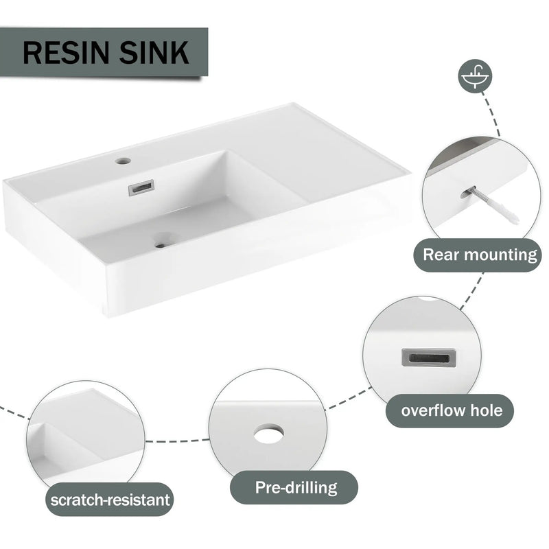 Modern Wall Mounted Bathroom Vanity With Resin Sink And Side Cabinet, Soft Close Drawer, Imitative - Imitative Oak by HouseOfZazla