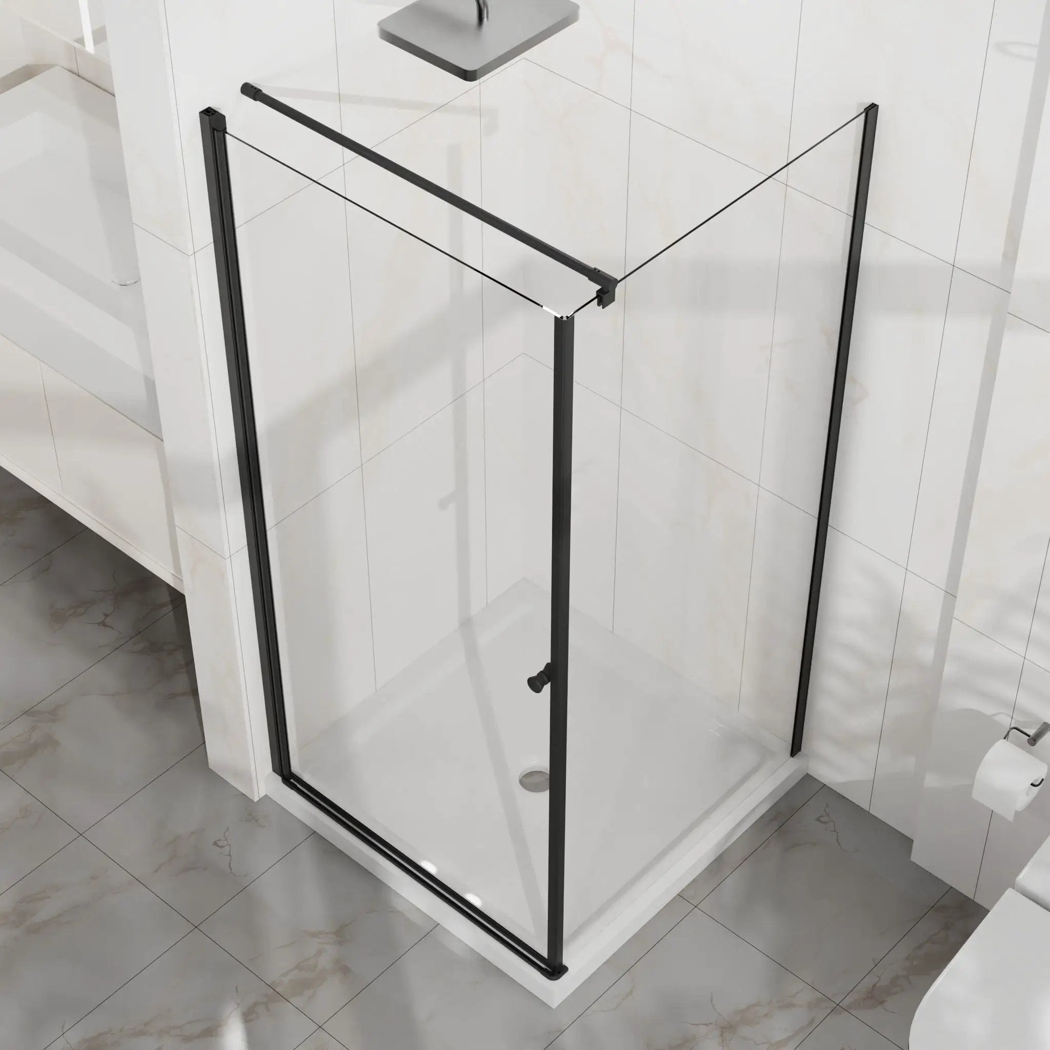 Corner Shower Enclosure, Frameless Pivot Door - Matte Black by HouseOfZazla