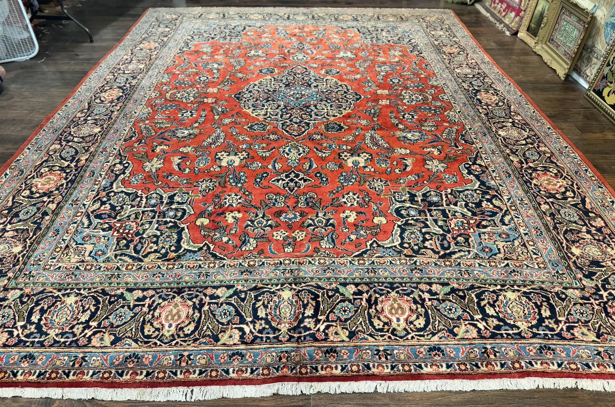 Red Persian Kashan Rug 10x14, Hand-Knotted Semi Antique Floral Medallion Handmade Wool Carpet, Red & Navy Blue by Jewel Rugs