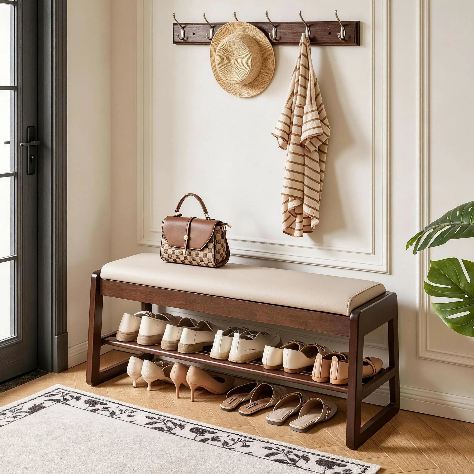 Wood Shoe Storage Bench with Premium Vegan Leather Seat by HouseOfZazla