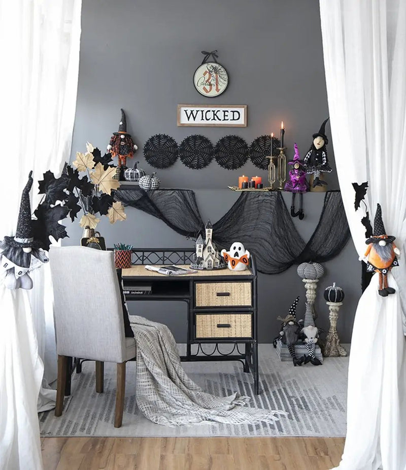 Standing Gnome With Banner & Spring Body, For Halloween Decor - Black / Orange / White by HouseOfZazla