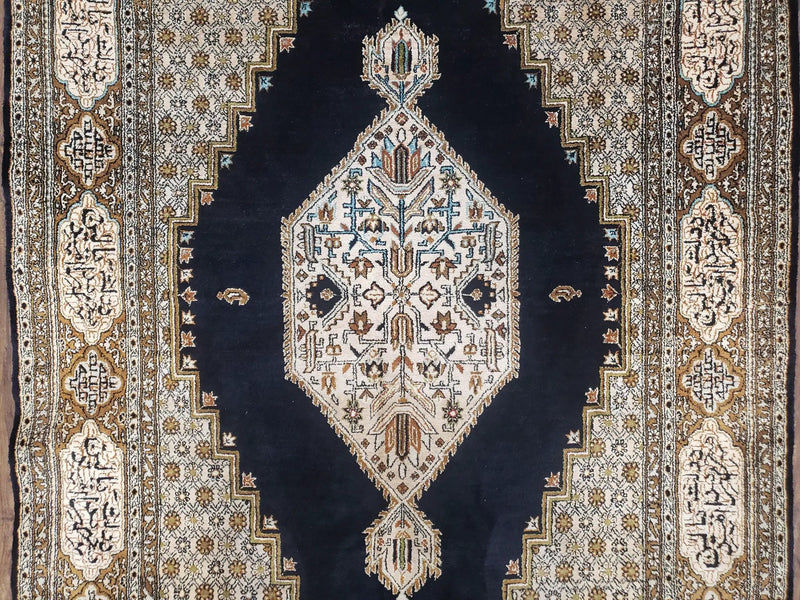 Persian Silk Qum Rug, Silk on Silk, Black Golden Brown and Beige, Hand-Knotted, 3'6" x 5' 5" by Jewel Rugs